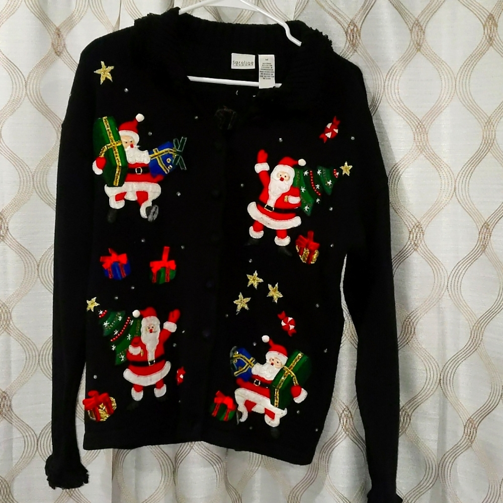 Carolina Colours Christmas Santa Button Up Tacky / Ugly Sweater
